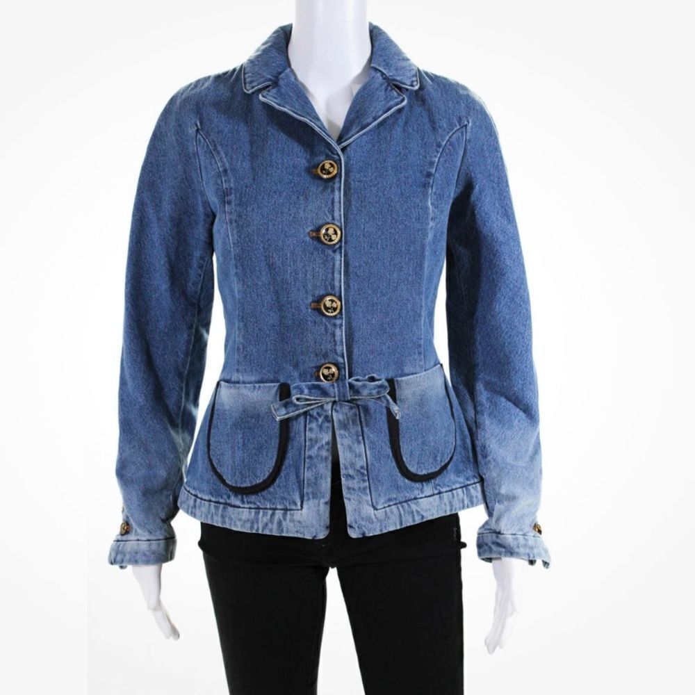 Revolve Cormio Cynthia Collared Button Down Bow Detail Denim Jean Jacket Size L — image 7 of 8